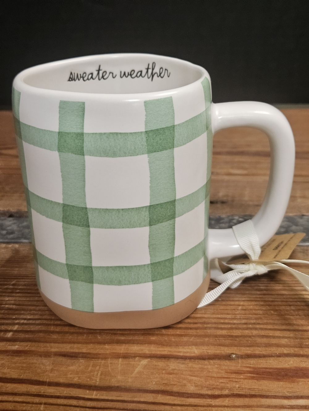 Rae Dunn Green Plaid Ceramic Mug with Cream Base